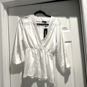Boohoo Cream Satin Crepe Wrap Kimono Blouse